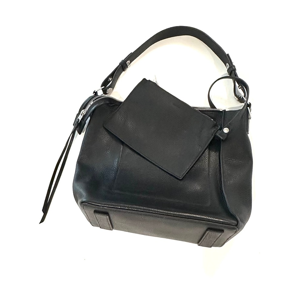 AllSaints Kita Black Pebbled Leather Shoulder Hobo Tote with Pouch Minimalist